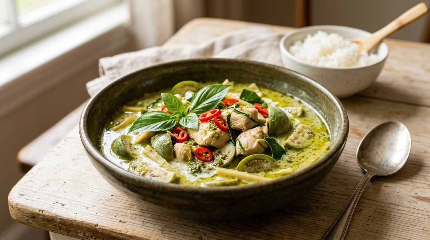 Schale mit reichhaltigem grünen Curry mit Hähnchen, Thai-Basilikum und Chilischnitzeln.