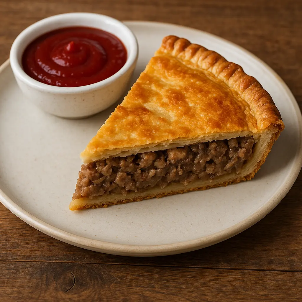 Una Tourtière canadiense (pastel de carne) dorada con un trozo cortado que muestra el sabroso relleno.
