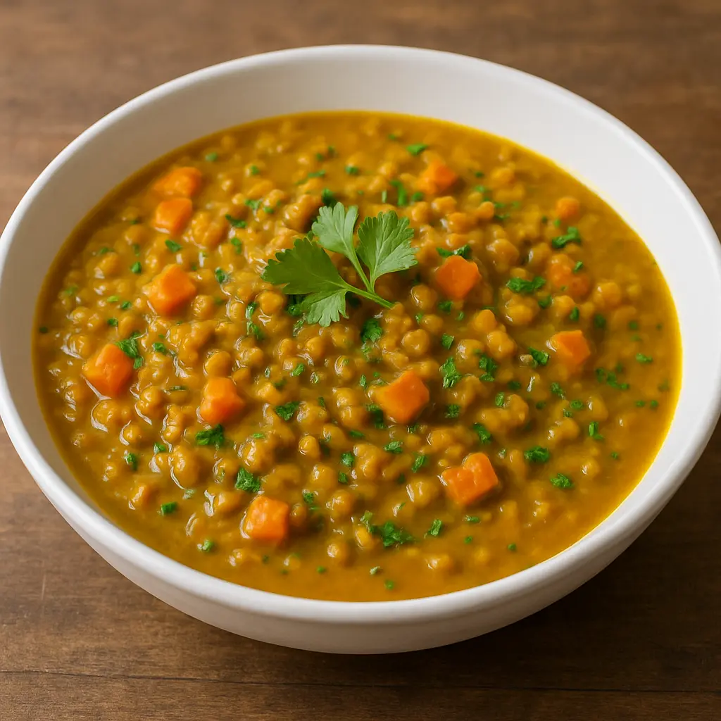Un tazón rico y cremoso de curry de lentejas vegano, adornado con cilantro fresco.