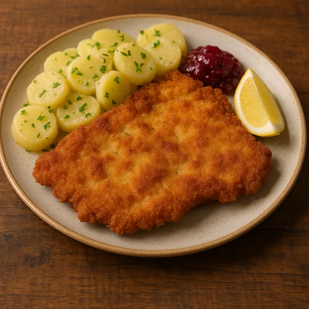 Un Wiener Schnitzel grande y dorado, servido con una rodaja de limón.
