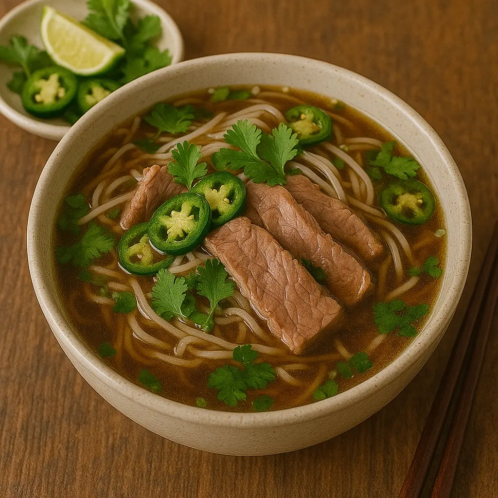 A large bowl of Vietnamese beef pho with rice noodles, thinly sliced beef, and a plate of fresh garnishes like Thai basil and bean sprouts.