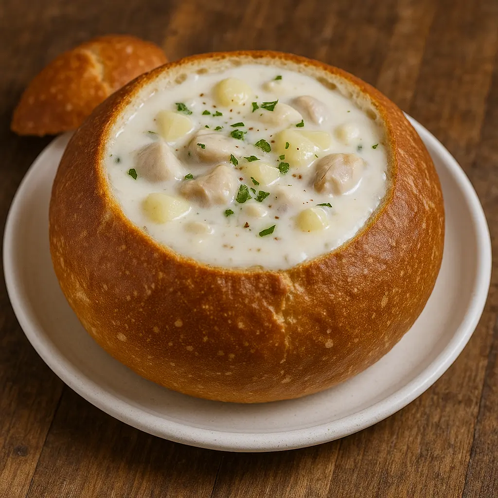 A hearty bowl of New England clam chowder, thick with potatoes and clams, and topped with crackers.