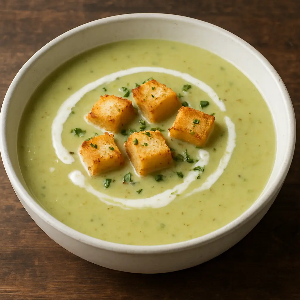 A velvety smooth green asparagus soup in a white bowl, garnished with a swirl of cream.