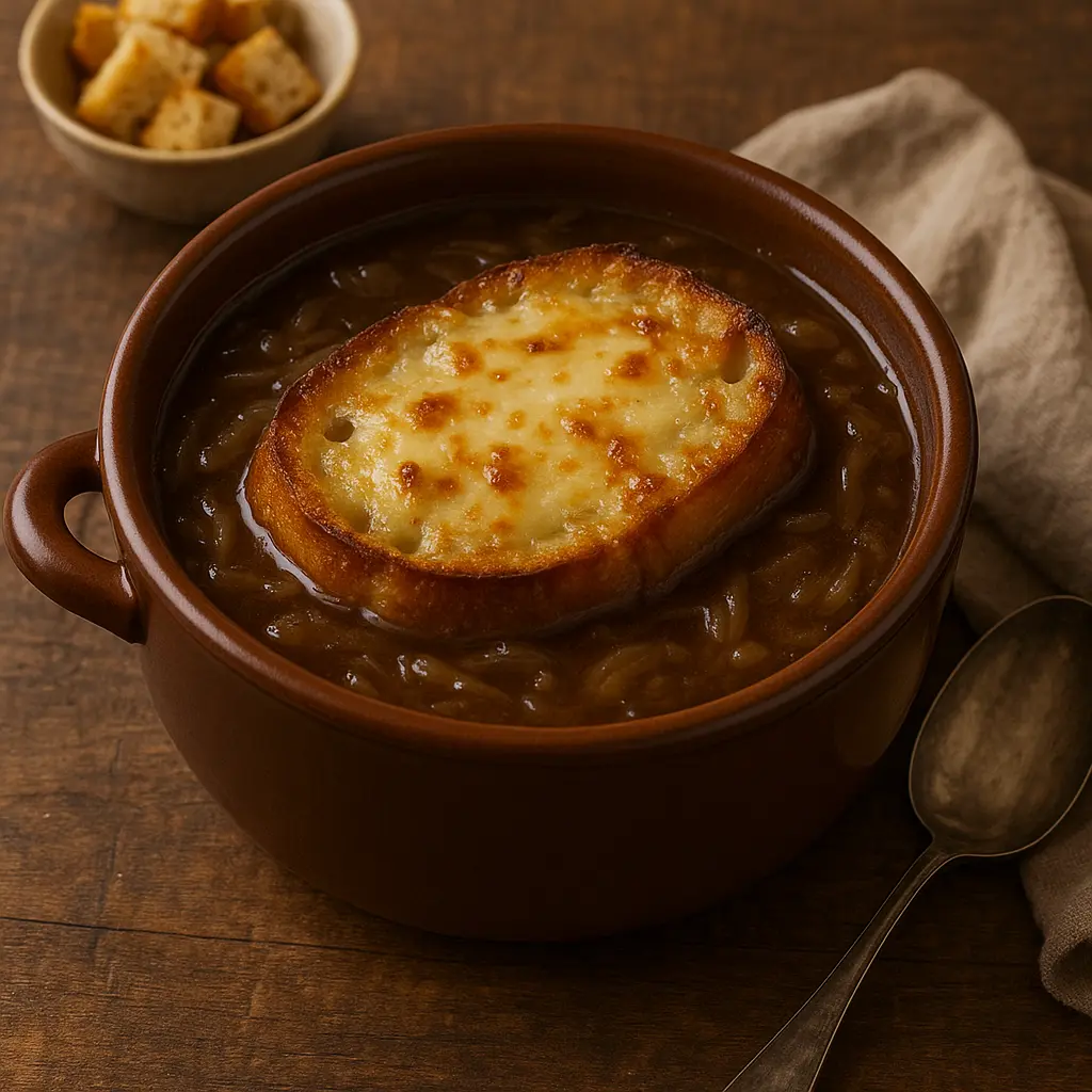 A crock of French onion soup with a thick layer of melted, bubbly Gruyère cheese over a toasted baguette.