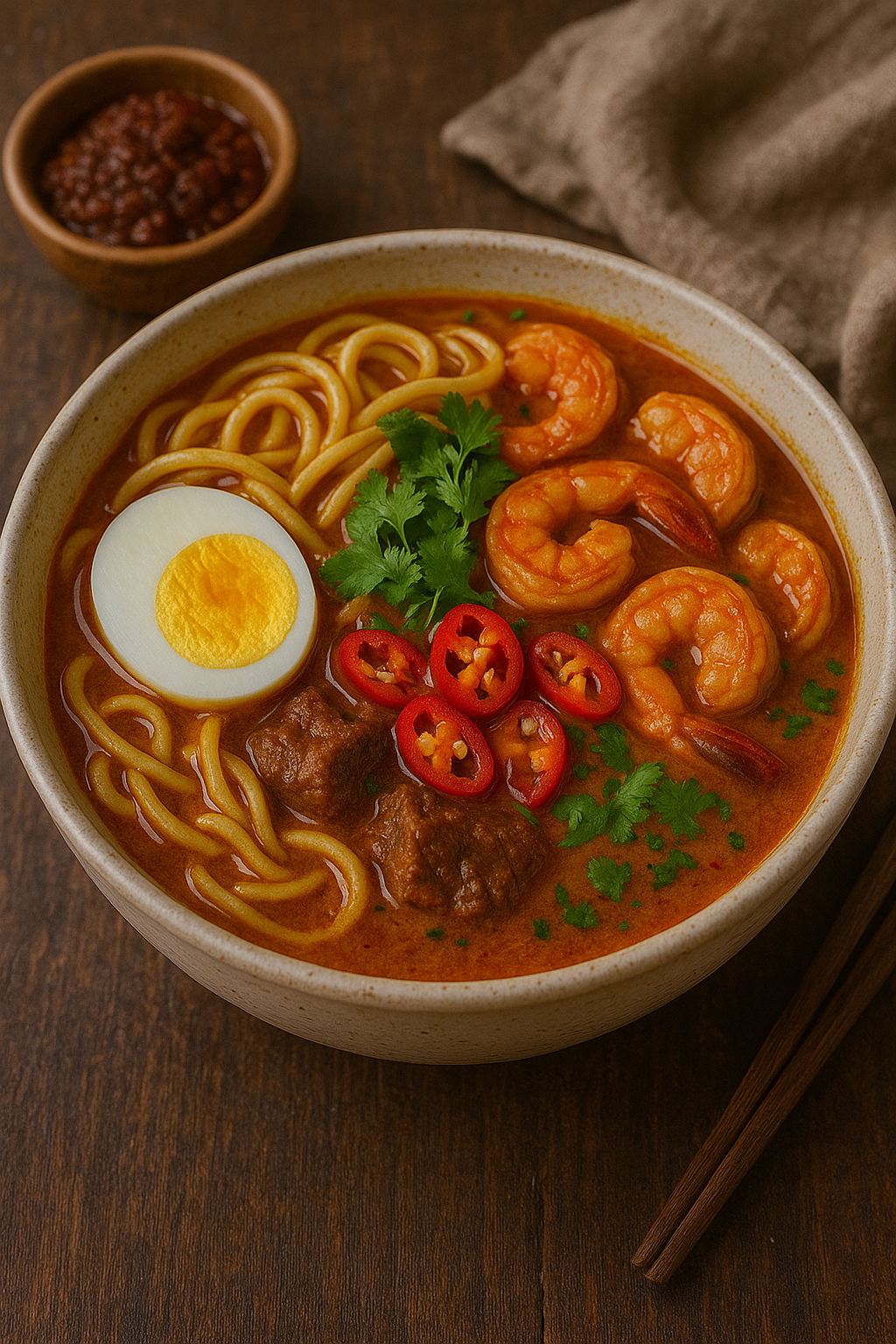A rich and spicy bowl of Malaysian laksa noodle soup with shrimp, tofu puffs, and a hard-boiled egg.