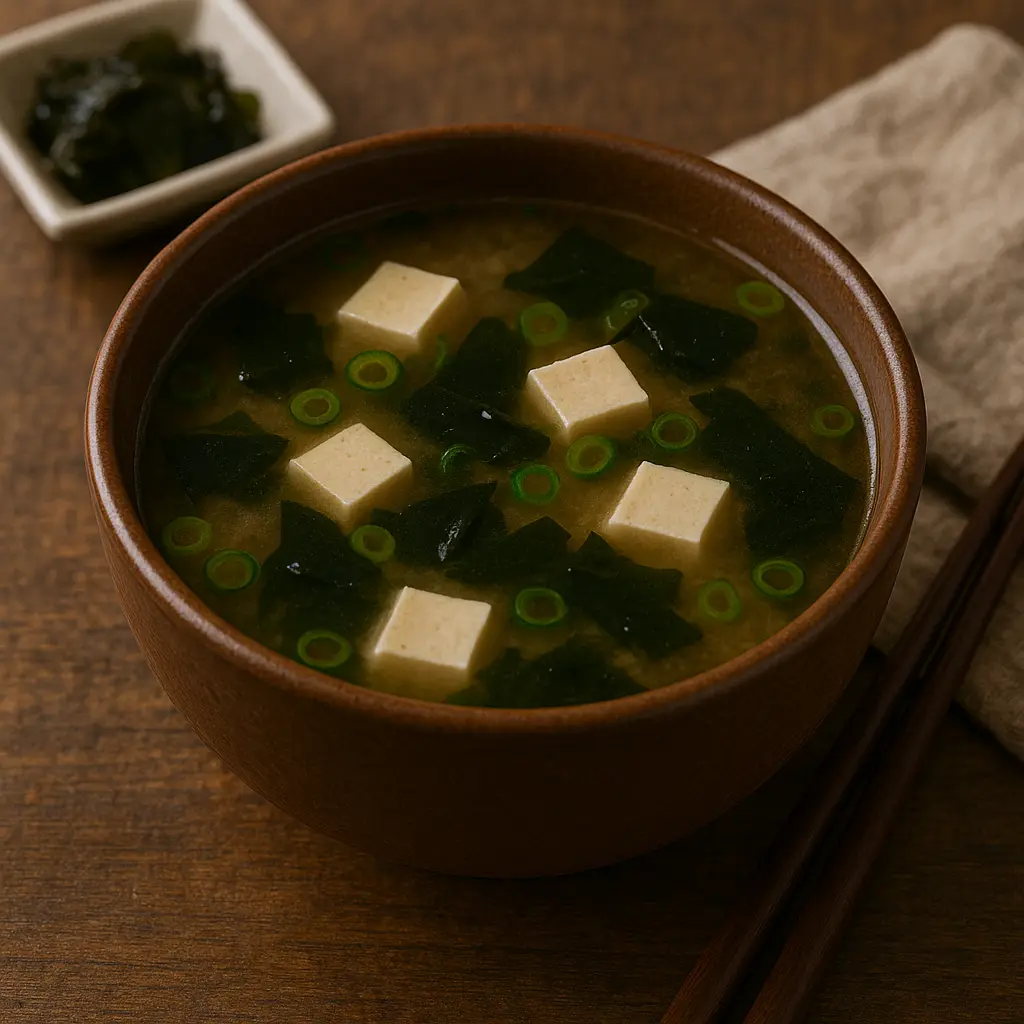 A simple bowl of Japanese miso soup with cubes of tofu, seaweed, and sliced scallions.