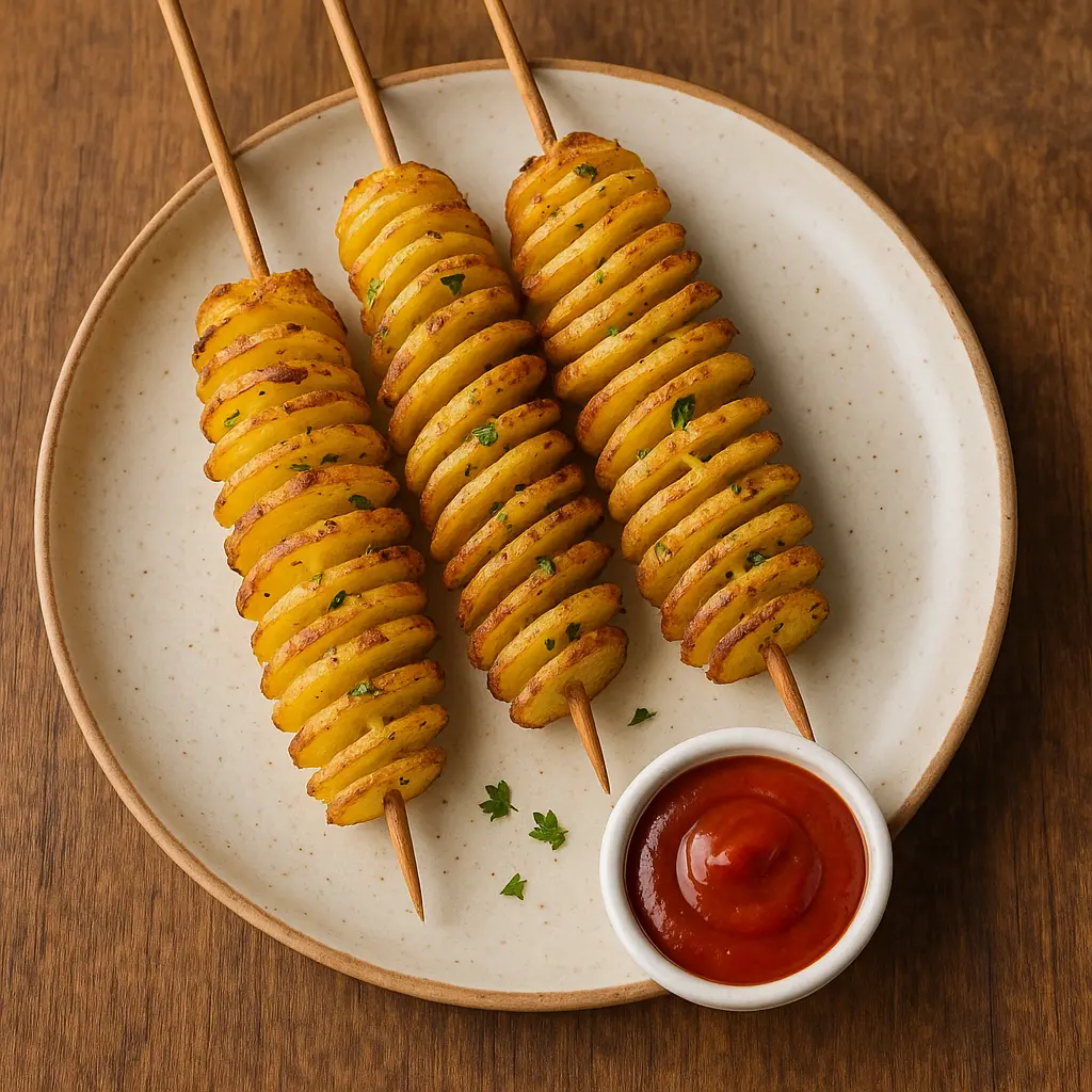 Un pincho de patatas acordeón crujientes y doradas, mostrando los cortes detallados en forma de celosía.