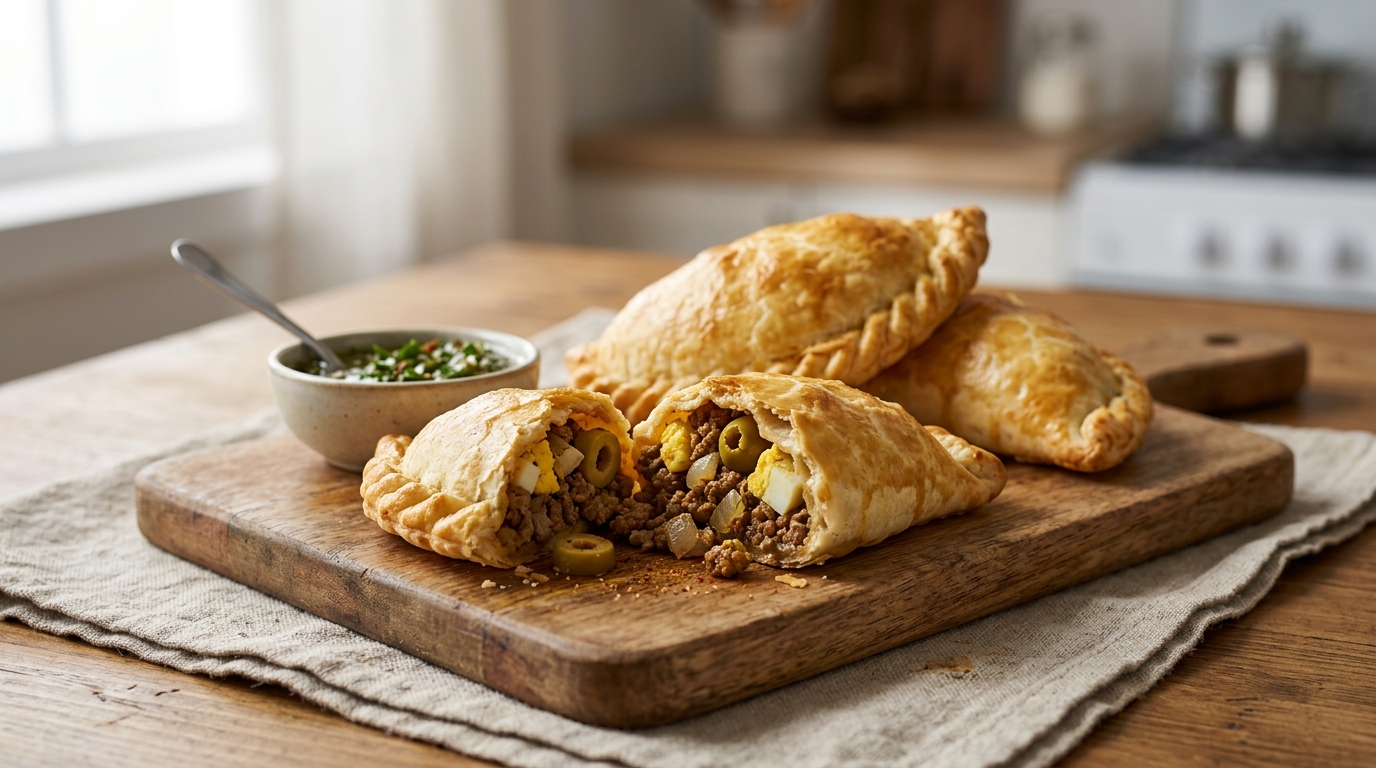 Empanadas de carne argentinas horneadas y doradas servidas en una tabla de madera.