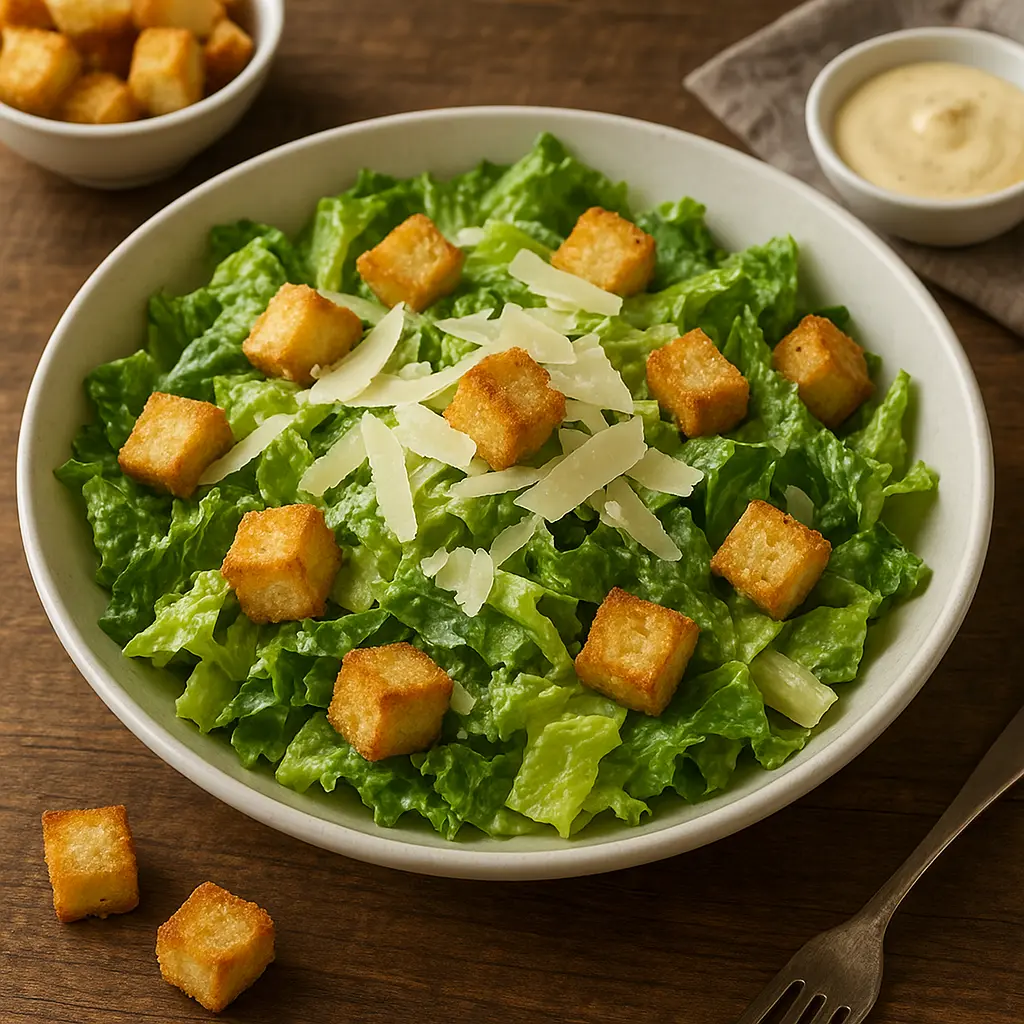 Una clásica ensalada César en un cuenco de madera con crutones grandes y virutas de queso parmesano.