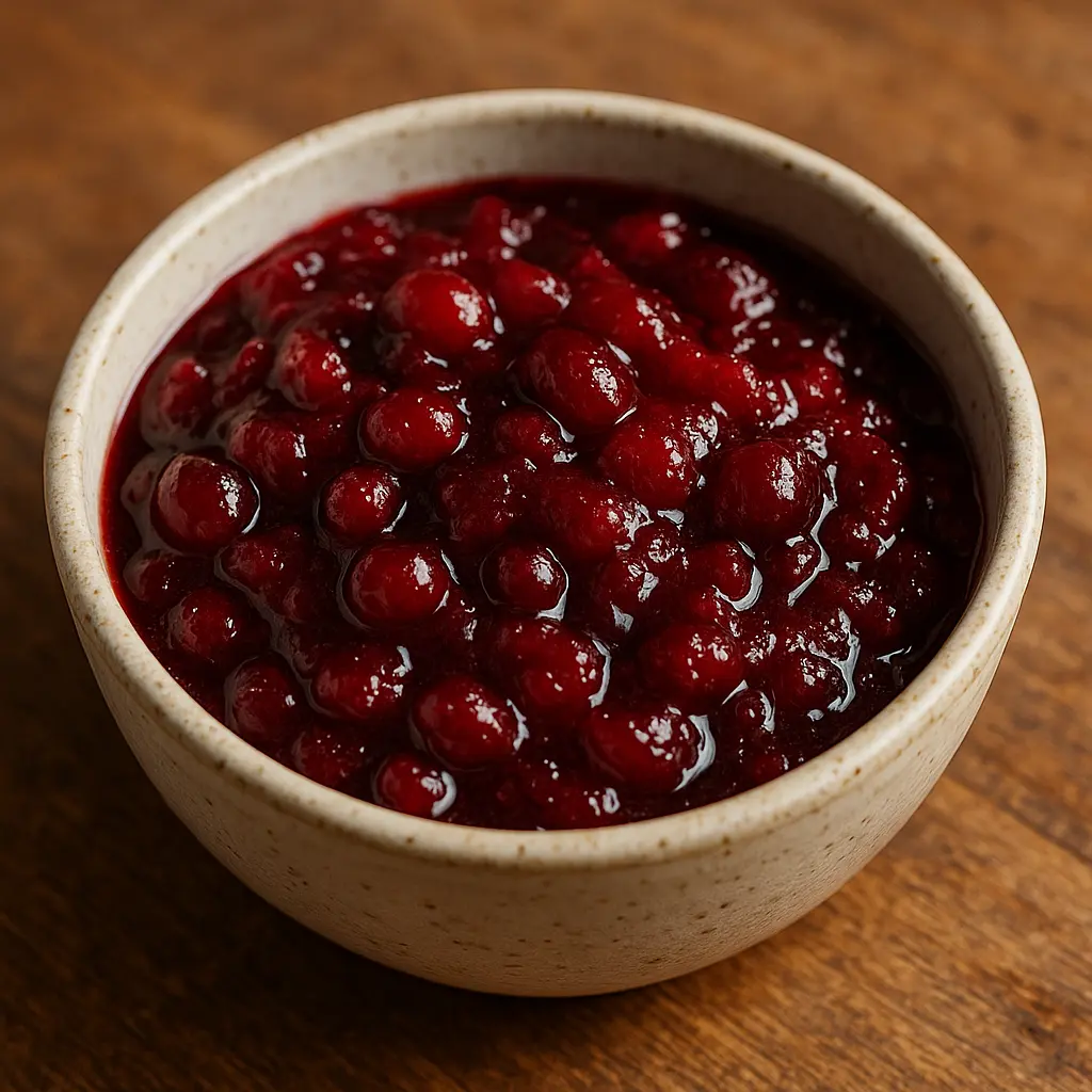 A bowl of vibrant, homemade cranberry sauce with hints of orange zest, a staple Christmas condiment.