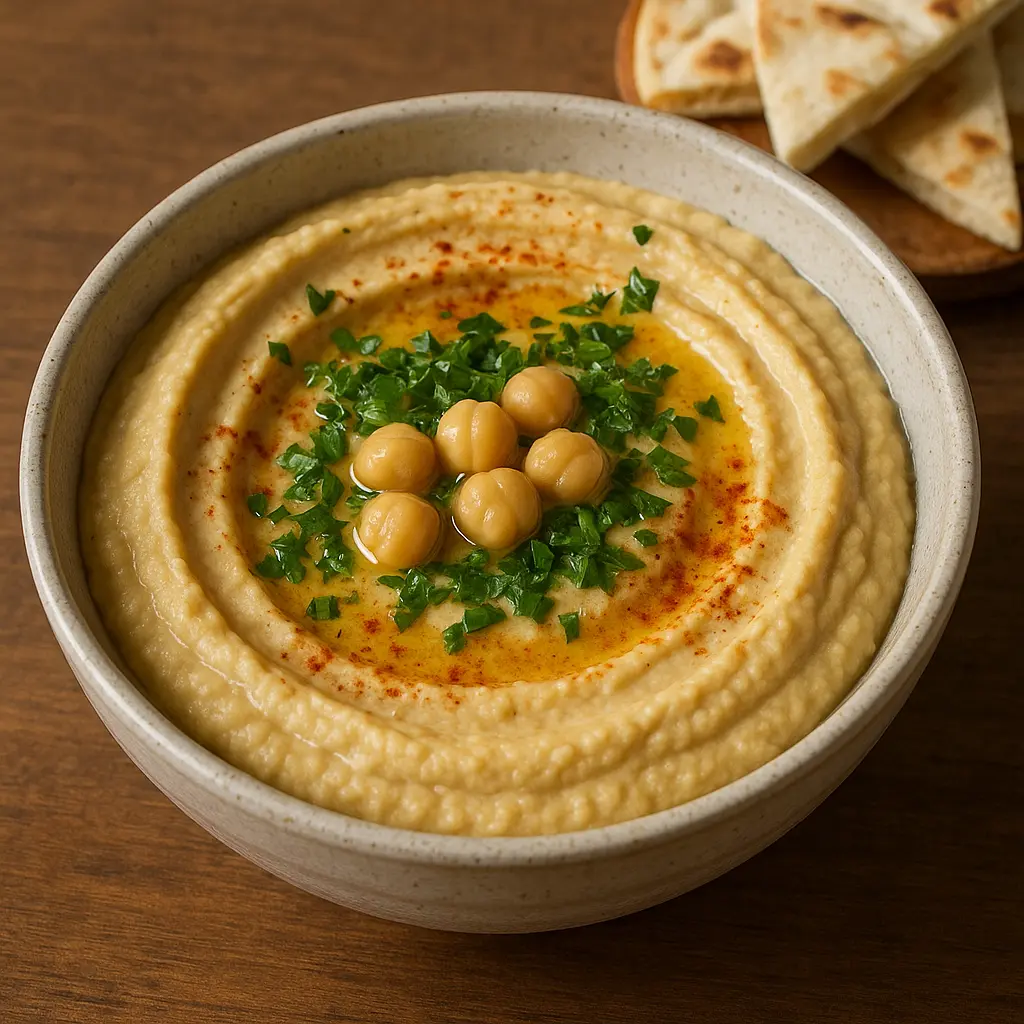 Un cuenco de hummus suave y cremoso con un remolino de aceite de oliva y una pizca de pimentón.