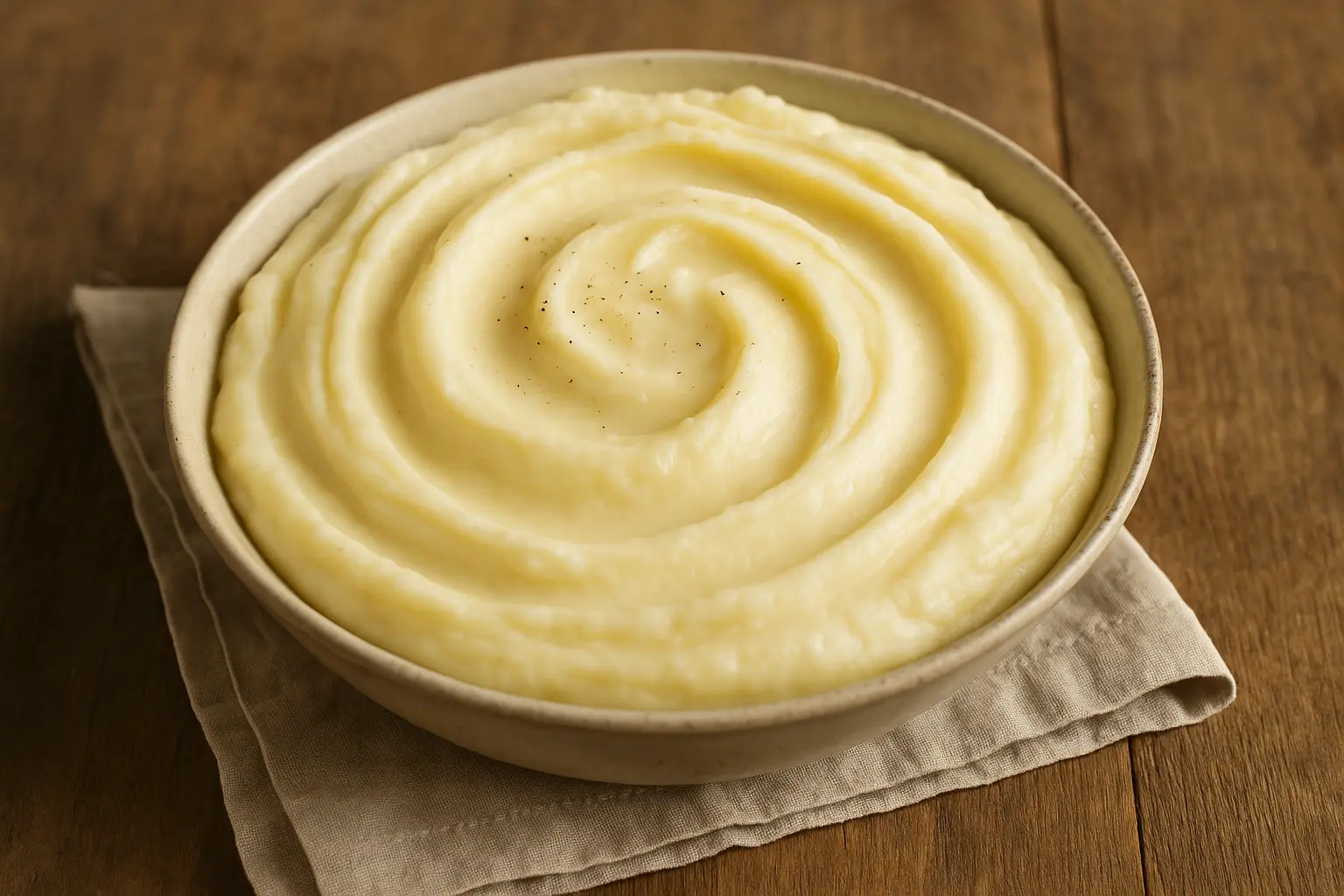 Un tazón de puré de patatas cremoso y esponjoso, adornado con cebollino fresco, una guarnición clásica de Navidad.