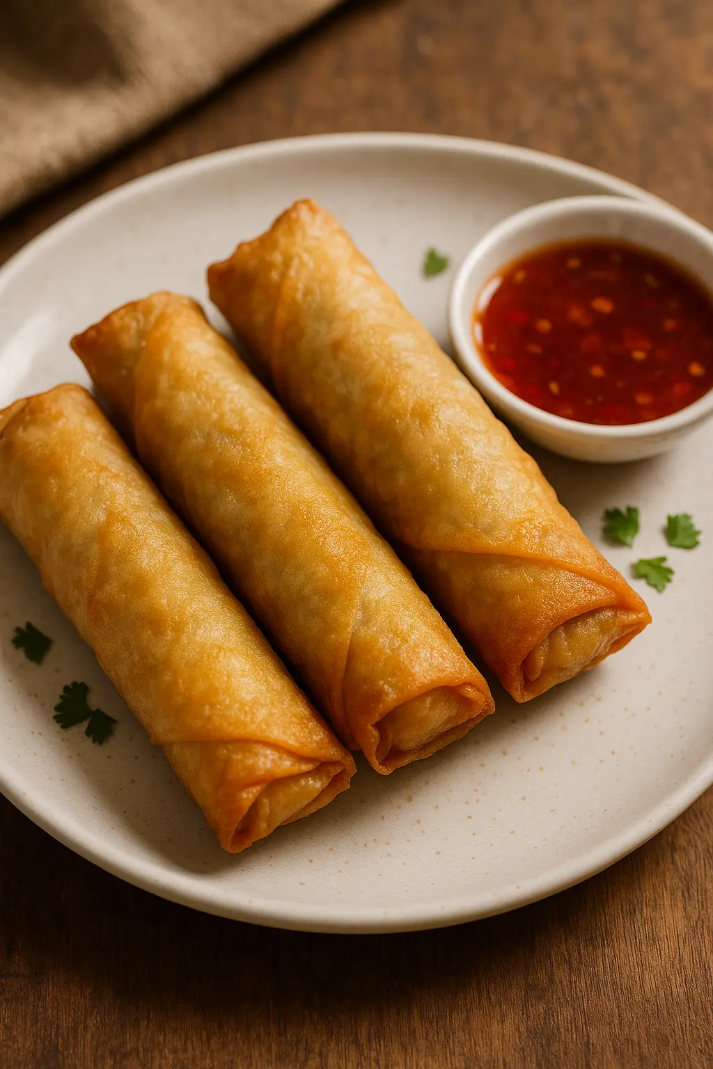A plate of golden-brown, crispy spring rolls served with a sweet chili dipping sauce.