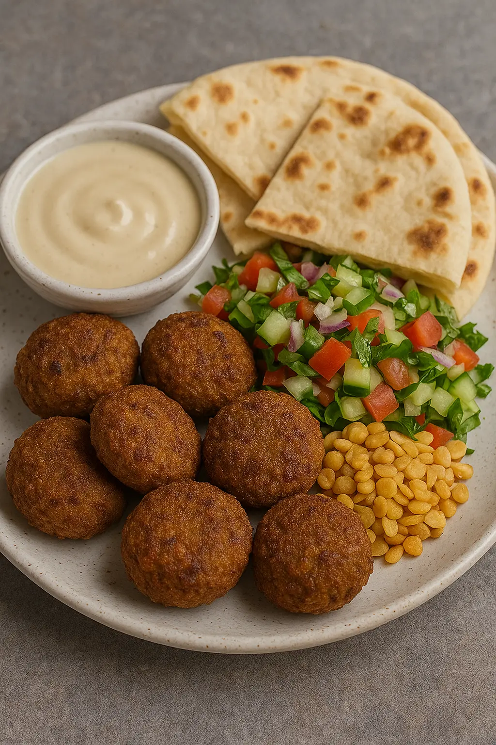 Bolas de falafel doradas y crujientes servidas con una guarnición de salsa tahini.