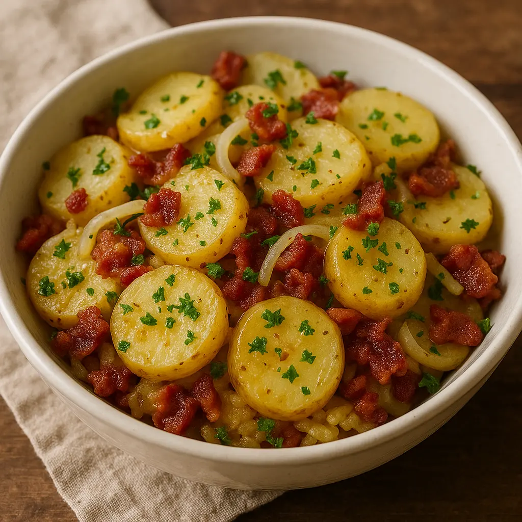 A bowl of warm German potato salad with bacon bits and fresh parsley.