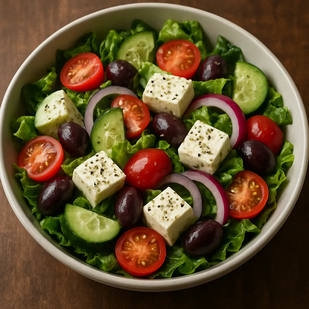 Una colorida ensalada griega con trozos de queso feta, aceitunas Kalamata y verduras frescas.