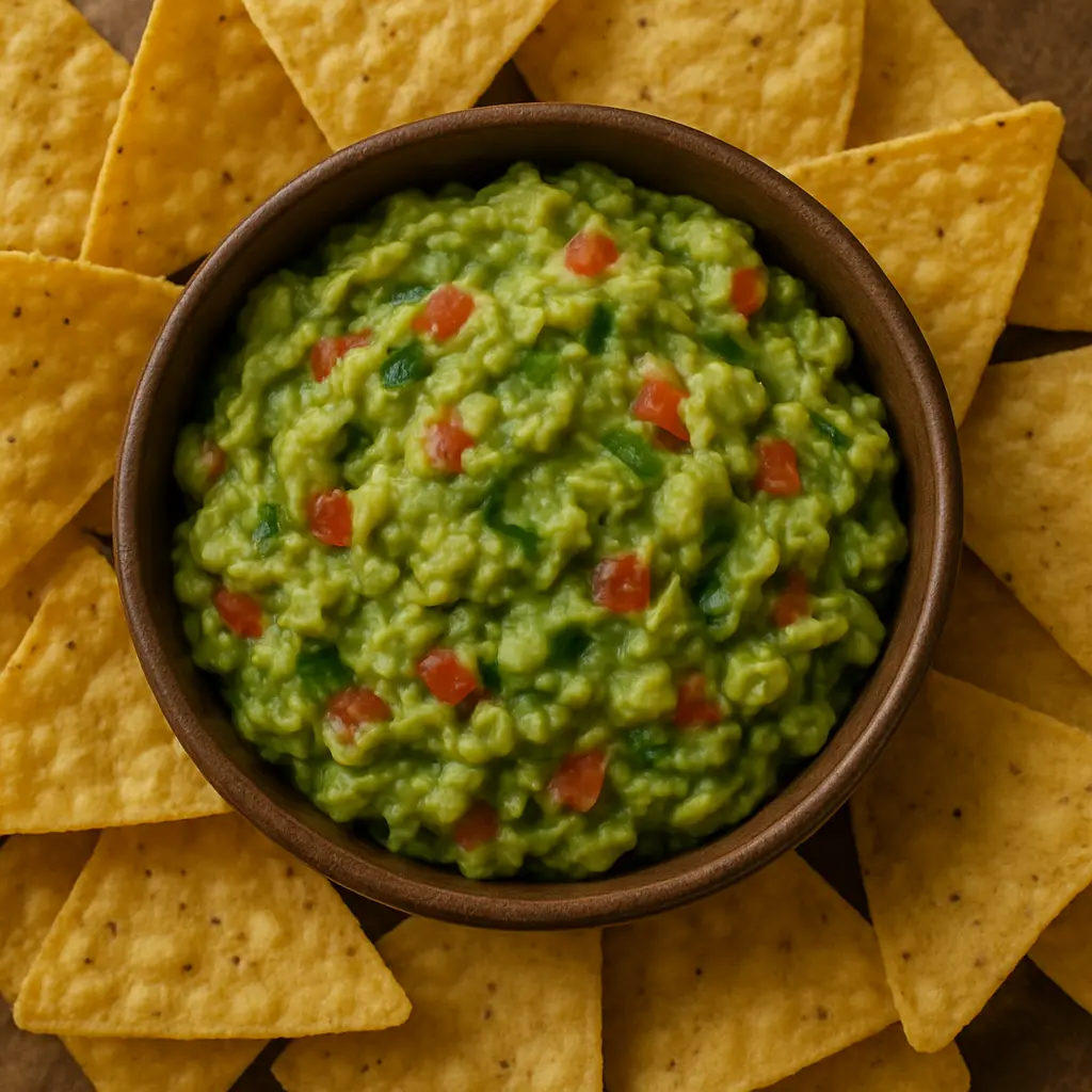 Un vibrante tazón de guacamole fresco servido con un acompañamiento de totopos crujientes.