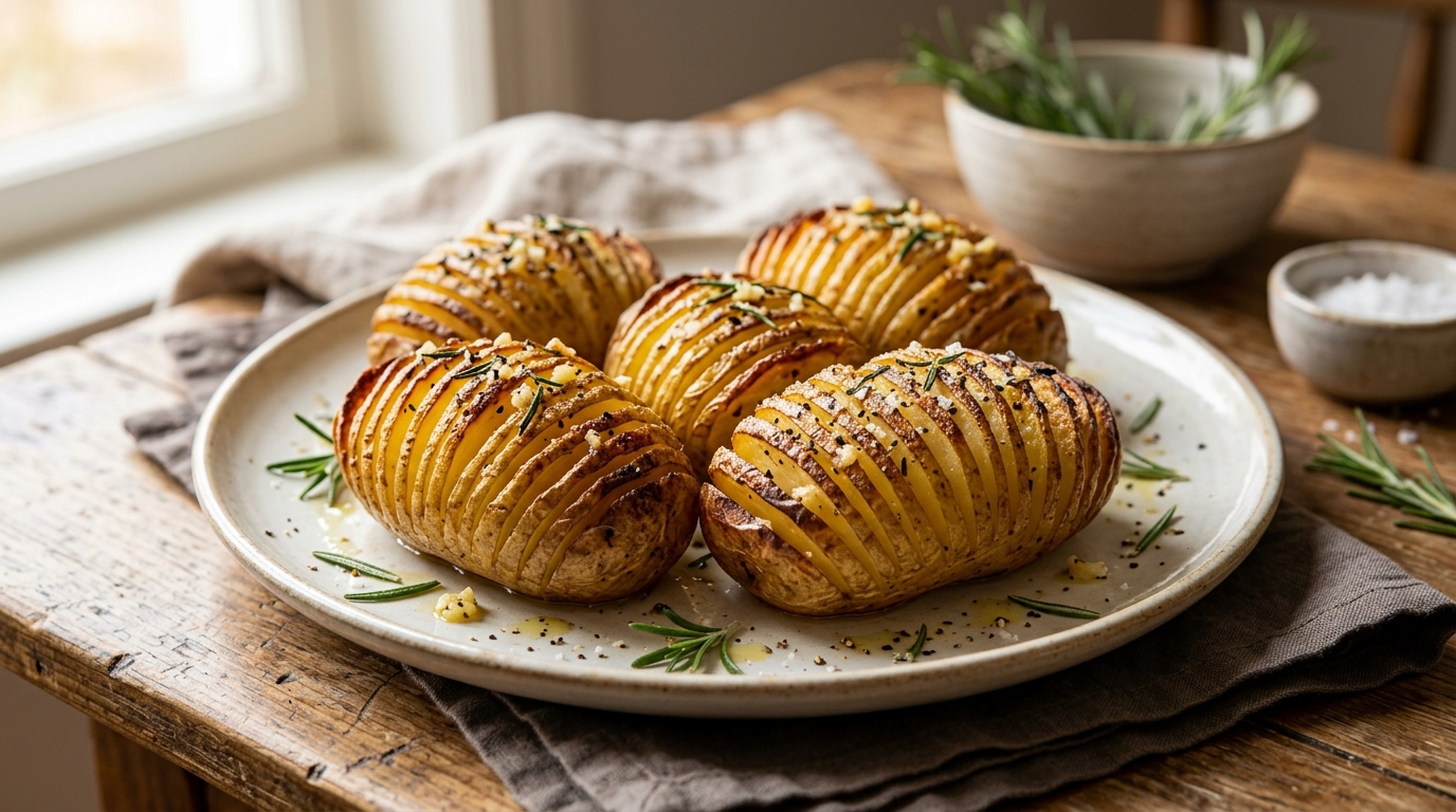 Crispy accordion-cut Hasselback potatoes brushed with butter and rosemary.