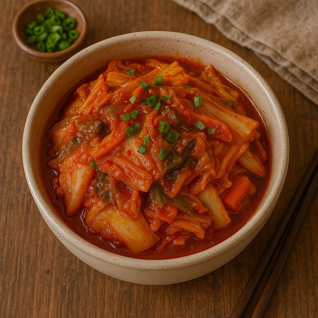 Un primer plano de kimchi picante y rojo vibrante hecho con col napa.