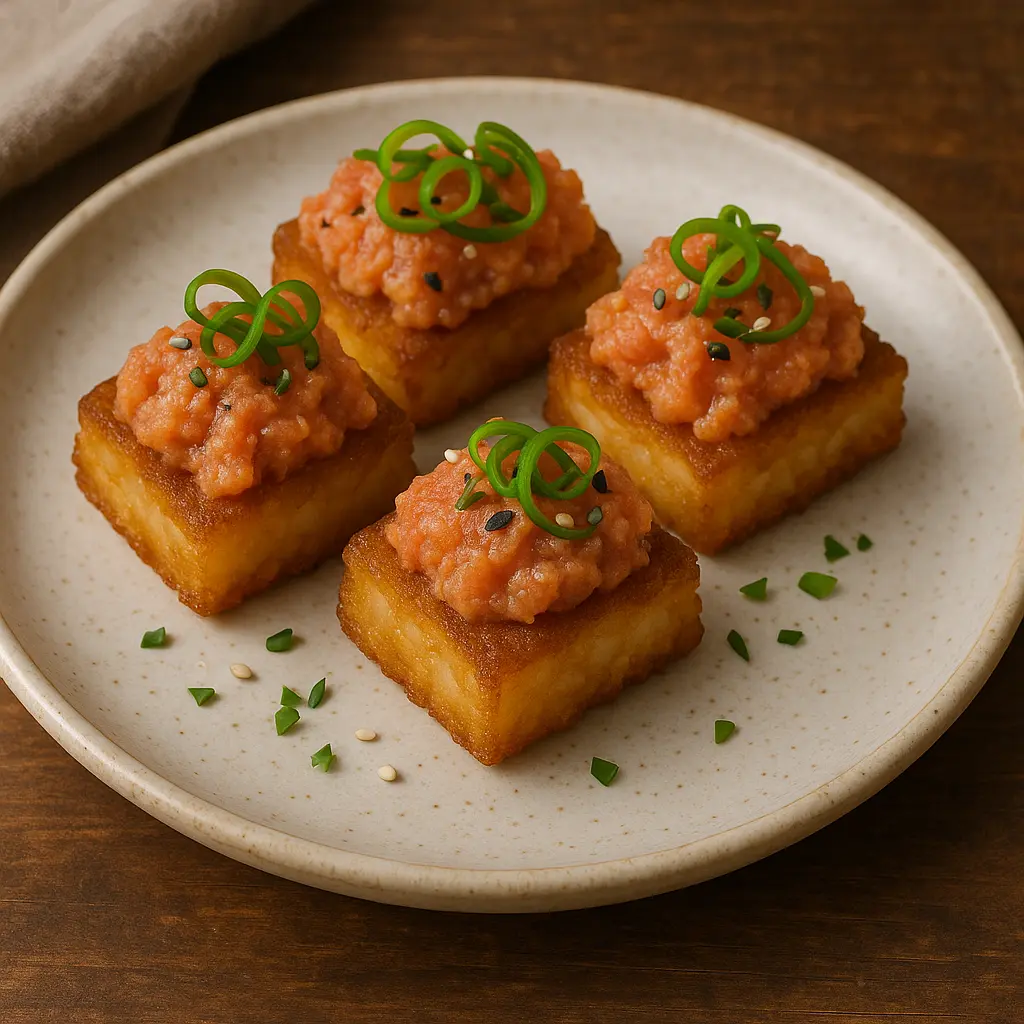 Tortitas de arroz crujientes perfectamente fritas cubiertas con una montaña de atún picante y una rodaja fina de jalapeño.