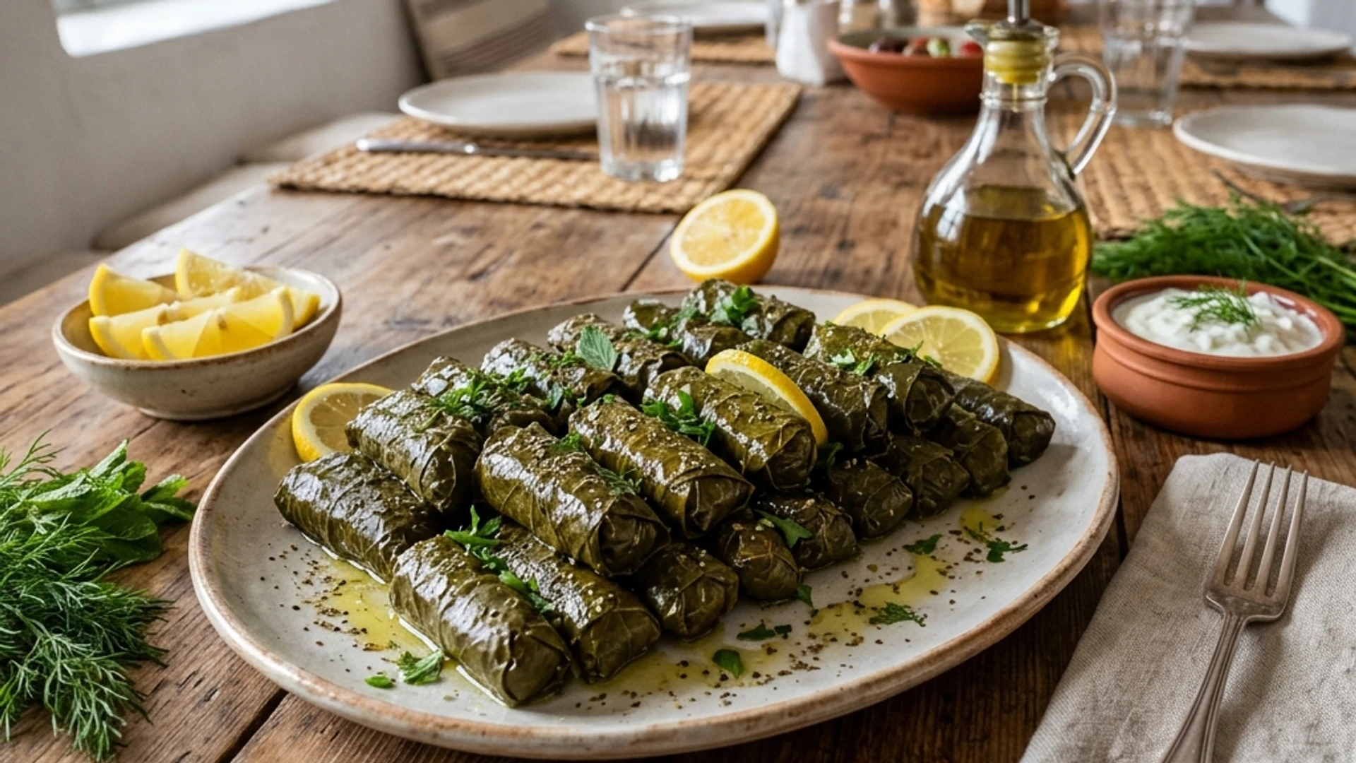 עלי גפן יווניים ממולאים (דולמאדס) מוגשים עם פלחי לימון.
