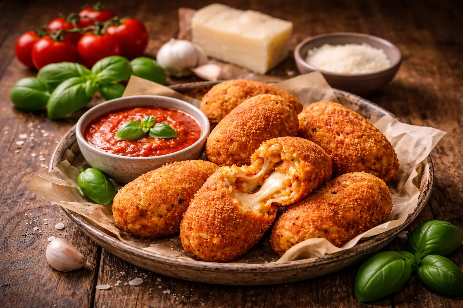 Golden-brown fried supplì rice balls, with one broken open to show a string of melted mozzarella cheese.