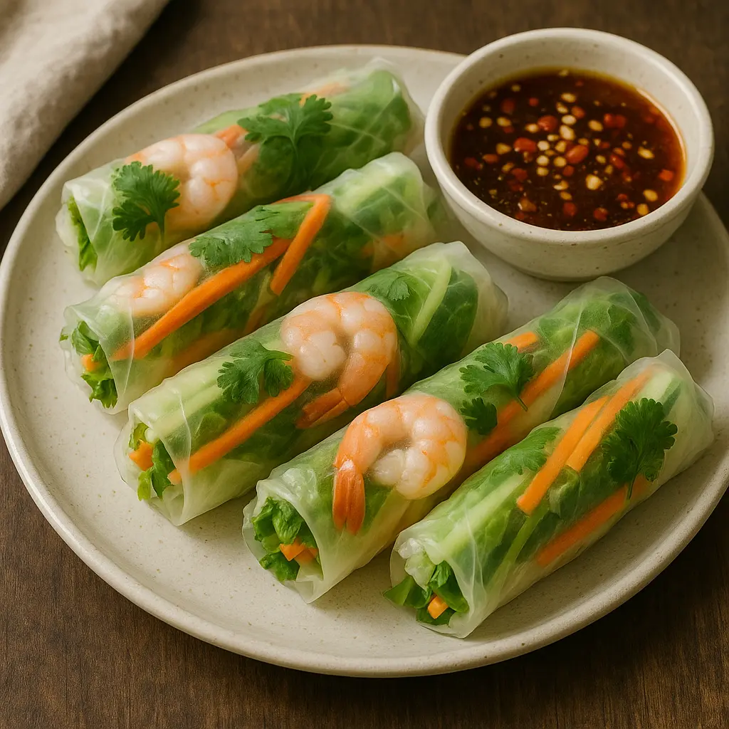 Rollitos de verano vietnamitas frescos mostrando camarones y hierbas a través de la translúcida oblea de papel de arroz, servidos con salsa de cacahuete.